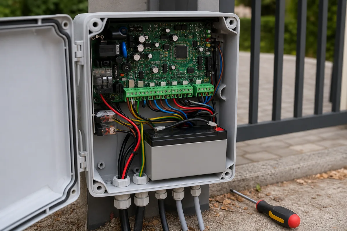 Coffret électronique de motorisation de portail ouvert, bornier et batterie de secours visibles