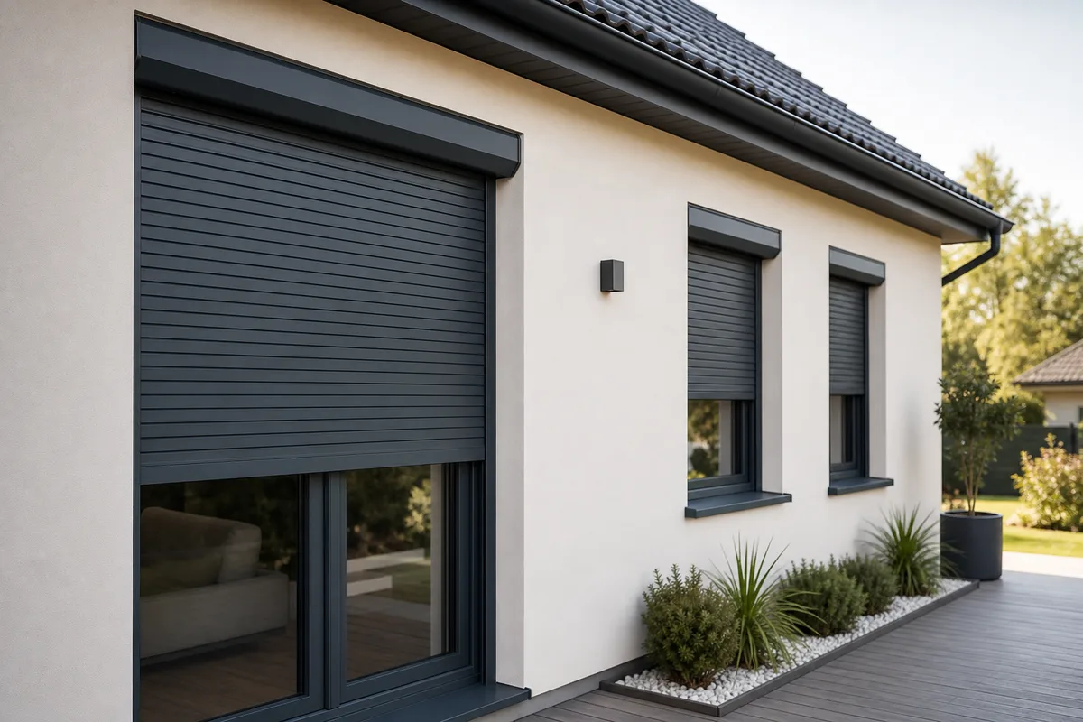Volets roulants gris anthracite sur une façade claire, coulisses et coffre assortis aux menuiseries