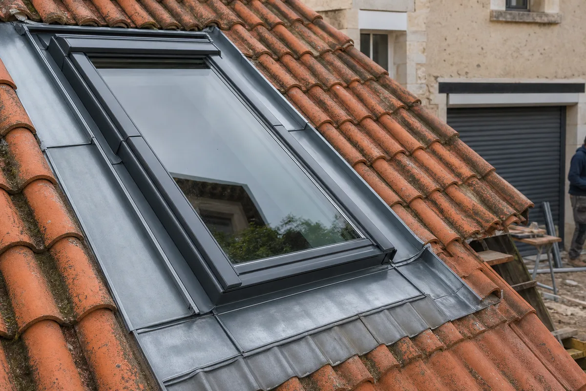Raccord d&rsquo;étanchéité métallique ceinturant une fenêtre de toit posée sur une couverture en tuiles