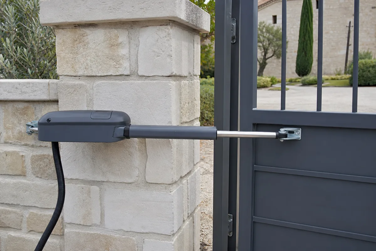 Vérin de motorisation fixé entre un pilier maçonné et un vantail de portail battant