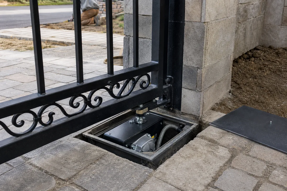 Caisson de motorisation enterrée en place sous le gond d&rsquo;un portail en fer