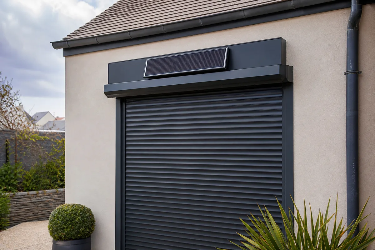 Panneau solaire de motorisation fixé en façade au-dessus d&rsquo;un volet roulant fermé