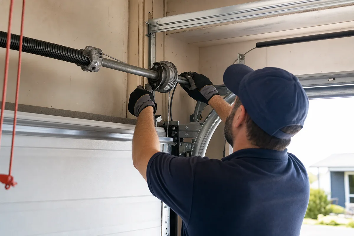 Technicien contrôlant le mécanisme de ressort et les câbles d’une porte de garage